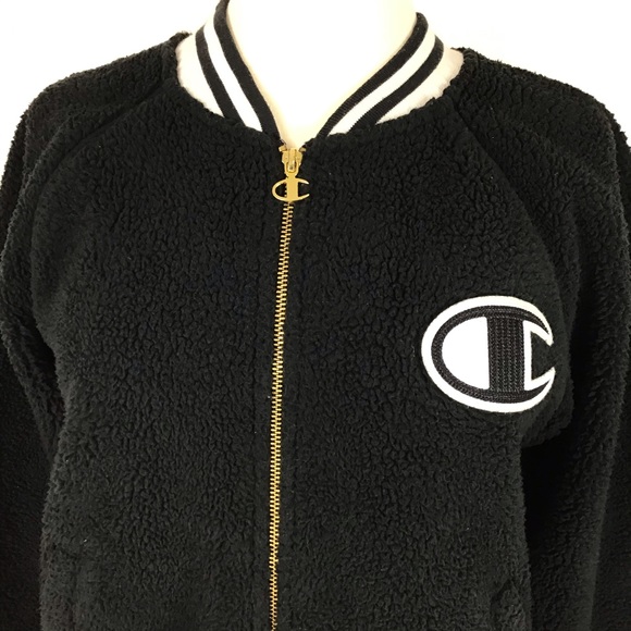 Champion Sherpa bomber jacket Womens S black spell out collegiate Preppy Cropped - Picture 9 of 15